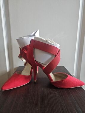 Women's Red Pointed-Toe High Heels with Cross Ankle Strap
